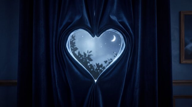 Good night love view through heart shaped curtains under moonlight