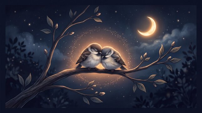 Two birds cuddling on a branch for a good night love message