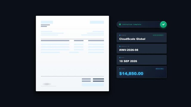 Clean, modern enterprise AI document scanner and OCR data extraction motion graphic. 