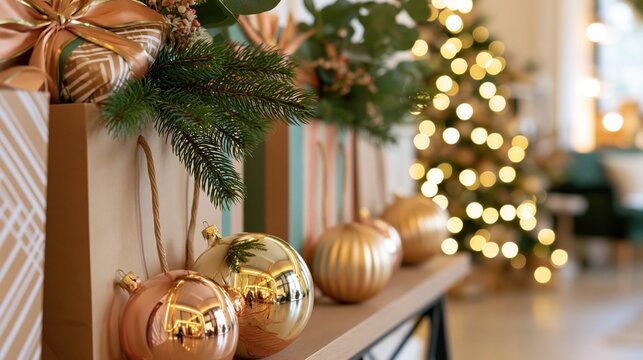 Christmas shopping bags with wrapped gifts, fir branches and gold ornaments beside festive tree