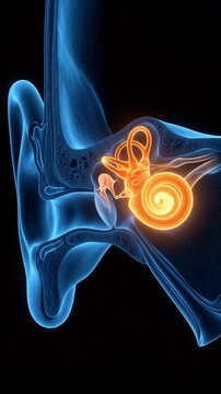 3D of human ear anatomy, highlighting inner ear structures like the cochlea and semicircular canals glowing in orange, illustrating the complex mechanics of hearing and balance.