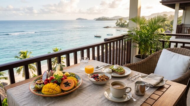 Luxury resort balcony breakfast with avocado toast fruit platter and sea view