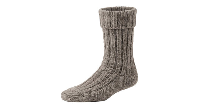 Single, warm, ribbed, gray wool sock stands upright, showcasing its texture and folded cuff on a clean white background