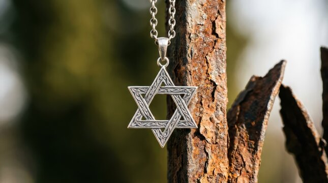 Silver star of david pendant with a decorative chain hanging against a weathered, rusty metal background.