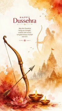 Happy Dussehra celebration wishes banner in watercolor effect - ai generative