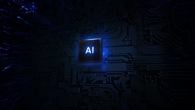 Glowing Microchip Circuit Board Data Flow Animation, circuit board pulsing data traces highlights. technology explainers, AI cybersecurity intros, product launches, futuristic background visuals