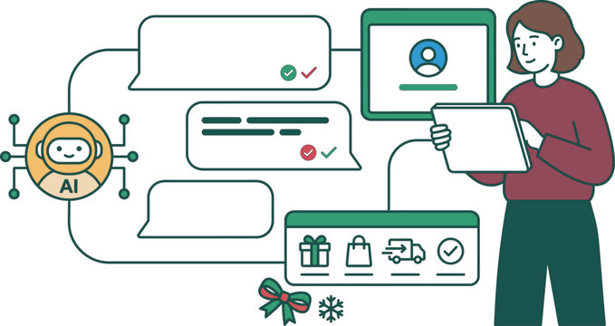 Support specialist using digital tablet to monitor automated ai chatbot conversation flow for e commerce orders.