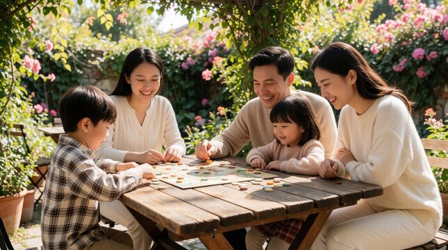 Happy Asian family plays board game at outdoor garden cafe. Father mother son, daughter sit around wooden table under blooming flowers. Smiling parents, kids enjoy fun leisure time together in sunny