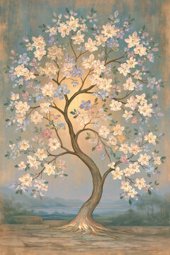 Blooming tree of life fantasy landscape glowing light floral art surreal nature pastel color mystical scene dreamlike sky
