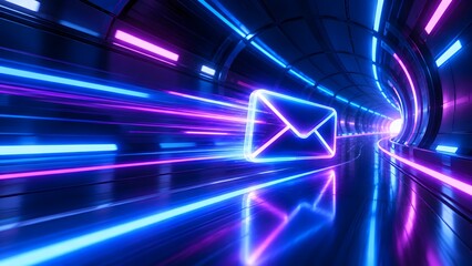 Obraz premium Glowing neon email icon speeding through futuristic illuminated tunnel representing fast digital communication