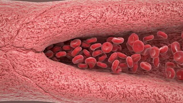 Improved blood circulation following vasodilator treatment, showing a previously constricted small artery gradually becoming wider as red blood cells move more freely through the vessel