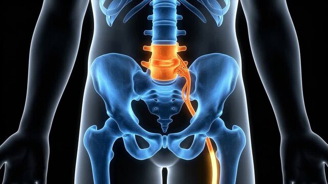 3D animation of the human lumbar spine, pelvis, and sciatic nerve illustrating nerve compression and sciatica, a common cause of lower back and leg pain. Medical diagram.
