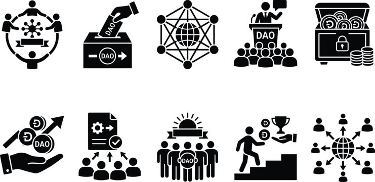 Decentralized governance and community collaboration black icon set illustrating voting processes treasury management and collective dao project scaling efforts.