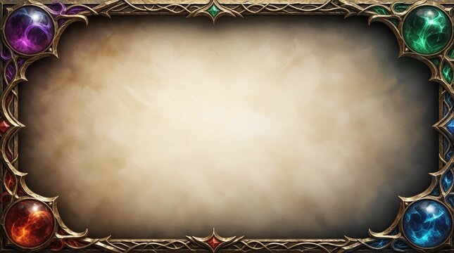 Ornate fantasy frame with four jeweled corners. Metallic border surrounds empty parchment center space. Ideal for RPG game interfaces, medieval invitations, or magical announcements.