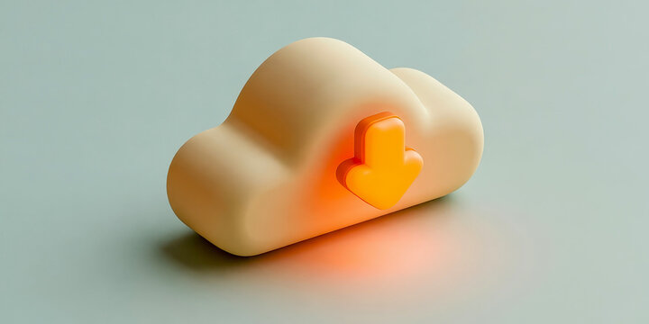 3D render of cloud computing download icon with orange arrow on neutral background, modern technology concept