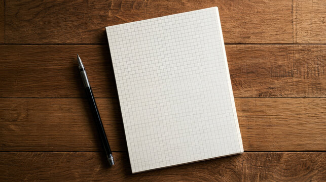 Blank graph paper notebook with mechanical pencil on rustic wooden table top view