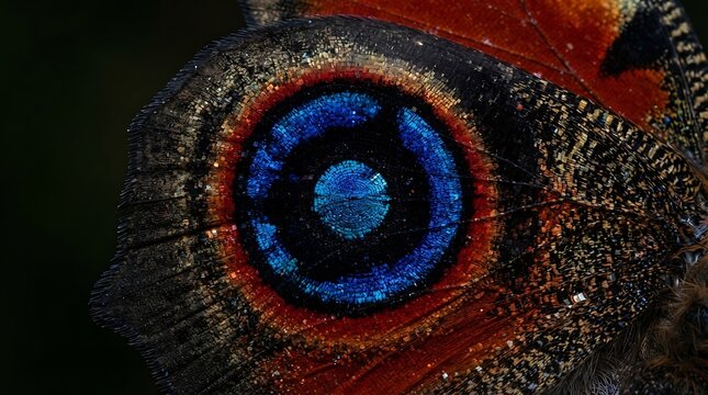 Close-up of butterfly wing eye pattern showing vibrant colors and intricate details in natural light