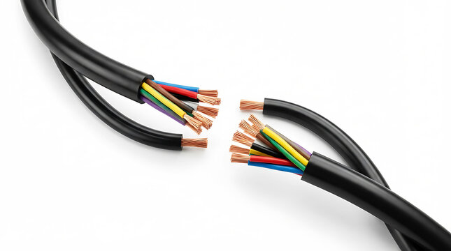 Black electrical cables with exposed colored wires, arranged in an s-curve