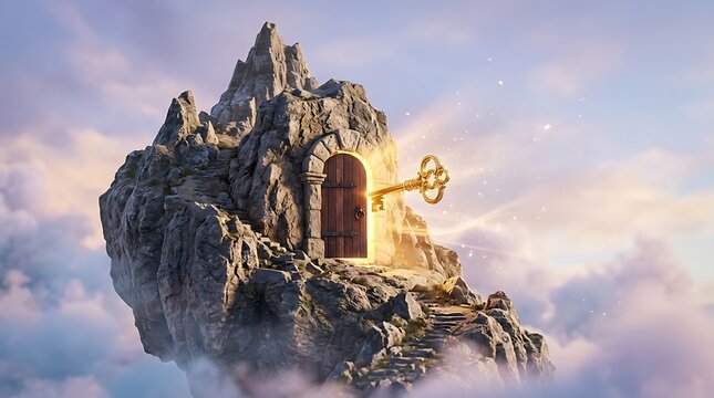 Mystical Floating Island with Golden Key and Archway in Cloudy Sky.