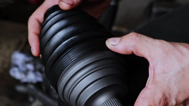 mechanic hands installing rubber cv joint boot close up view, auto mechanic replacing drive shaft cv boot macro shot, close up view of car repair installing rubber protective boot on cv joint