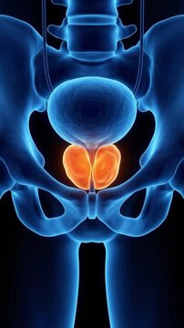 3D illustration of the male pelvic anatomy, highlighting the prostate gland in orange with the bladder and skeletal pelvis in blue. Medical concept for prostate health, diseases, and urology.