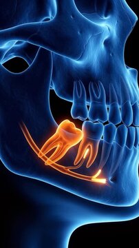 3D of an impacted wisdom tooth within the human jaw, illustrating dental pain, oral surgery, and anatomical structure in a detailed medical context.