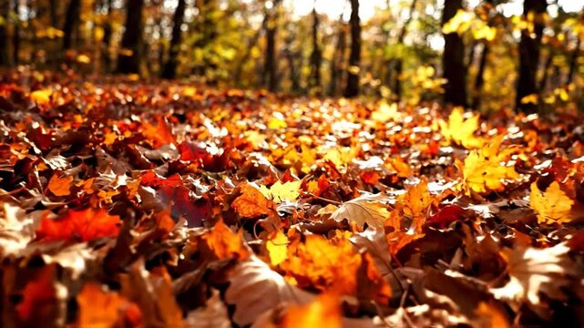 Autumn forest floor covered in fallen leaves, sunlight filtering through trees
