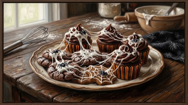 Halloween-themed cupcakes and spiderweb cookies are arranged on a plate, ready for a spooky celebration. This image captures the essence of festive baking, holiday treats, and playful decoration.