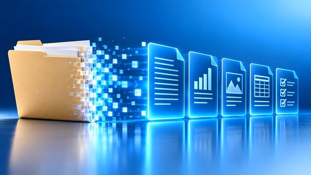 Physical folder transforming into glowing digital document icons representing paperless data migration