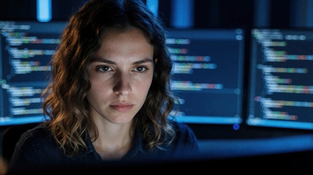 Woman developer types code late night on computer screens. Focused female coder works on programming project in dark office. She analyzes data on multiple monitors, concentrating on her task.