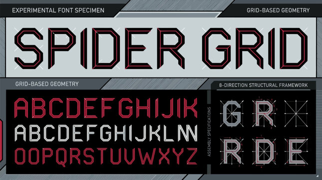 Bold geometric font specimen with directional framework diagrams