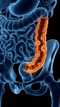 3D medical illustration of the human large intestine (colon) with visible polyps or tumors, representing colorectal cancer or disease within the digestive system and pelvic bone structure.