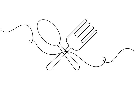 Dining catering fork and spoon sign continuous one line drawing on white background minimalist single art tableware food serving household and restaurant concept symbol outline vector illustration