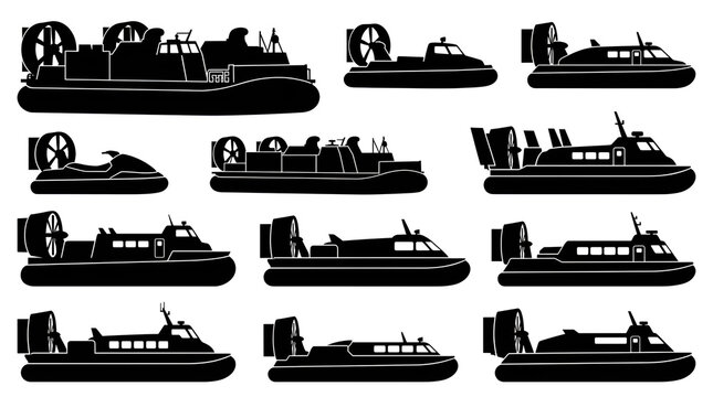 Silhouettes of Various Amphibious Hovercrafts with Rear Fans