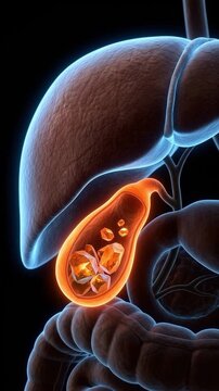 3D animation of gallstones in the gallbladder, illustrating a medical condition within the human digestive system, highlighting pain or inflammation.