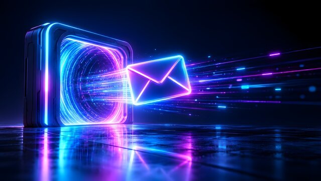 Glowing neon email envelope icon emerging from digital portal representing high speed electronic messaging