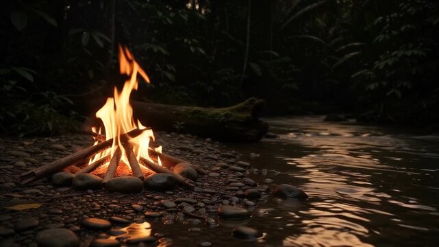 A blazing campfire burns brightly beside a rushing river in the deep jungle at night providing warmth and light for travelers resting during their wilderness journey through the dark forest