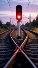 Obraz premium Red railway signal light glows on metal pole near tracks at sunset. Train signal shows stop command on junction. Iron rails diverge under purple sky. Industrial transport infrastructure provides