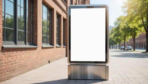 Blank Vertical Outdoor Billboard Mockup on City Sidewalk Beside Brick Building