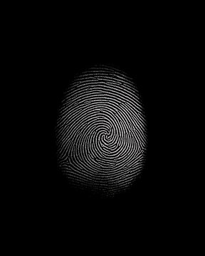 White fingerprint on black background. Biometric security and personal identification concept. Macro texture of human thumbprint