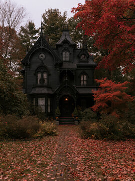 Gothic house black house autumn forest red leaves creepy mood old mansion dark architecture haunted home gothic house red
