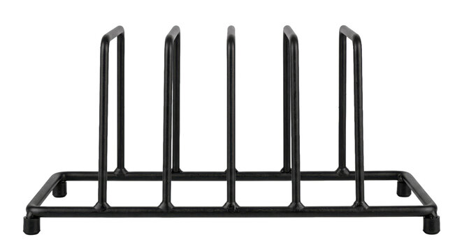 Black metal dish drying rack with five vertical dividers is presented on a clean white background