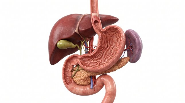 3D illustration of human digestive system showing liver, stomach, and gallbladder