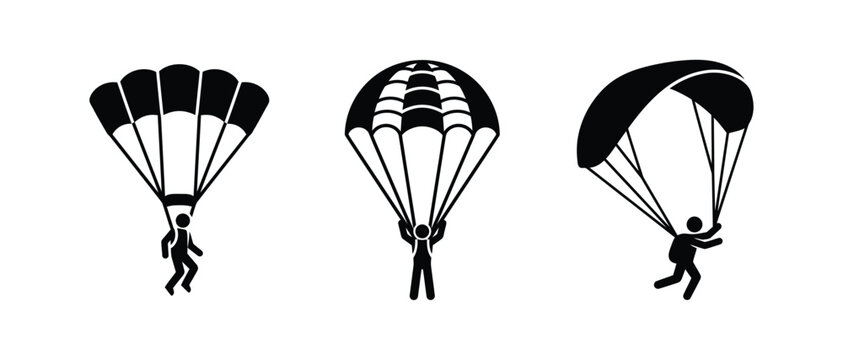 parachutists descending with different parachute designs isolated on transparent background