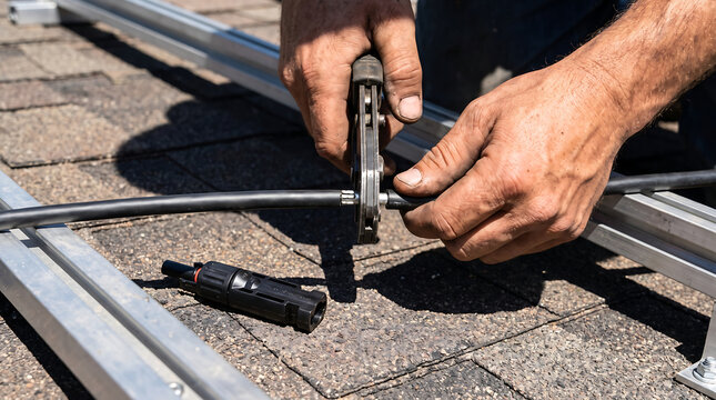 Technician crimping solar panel cable connector on rooftop using mc4 tool with aluminum mounting rails and asphalt shingles in bright sunlight