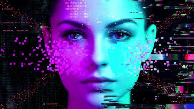 Digital glitch effect on woman face with binary code overlay. Cybernetic human identity concept. Close-up shot with horizontal panning.