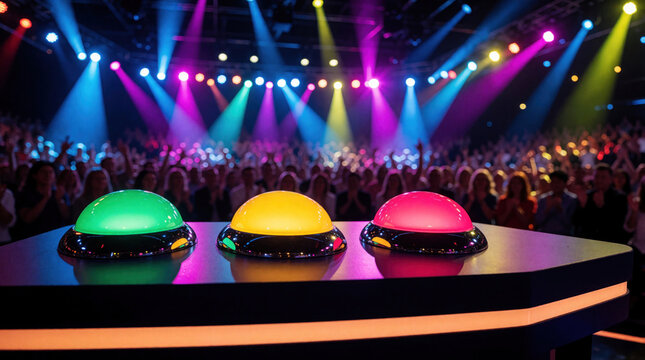 Three colorful illuminated buzzer buttons sit on a stage with an excited audience. The game show setting features bright spotlights and dynamic lighting for a thrilling competition atmosphere.