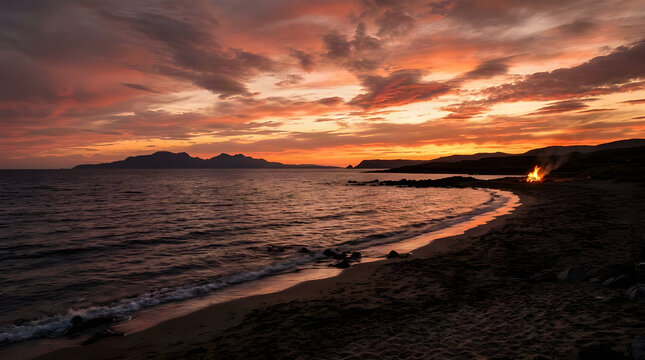 Dramatic sunset over the ocean with campfire on the rocky beach rocky shore golden hour coastal landscape nature scenery fire flame beach bonfire horizon line