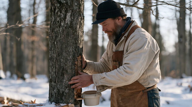 A maple syrup farmer taps a sugar maple tree in a snowy grove on national maple syrup day in December, collection bucket hanging from a spile in the bark, frost on the surrounding