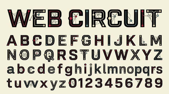 Custom circuit inspired font displaying alphabet and numbers in clean modern style